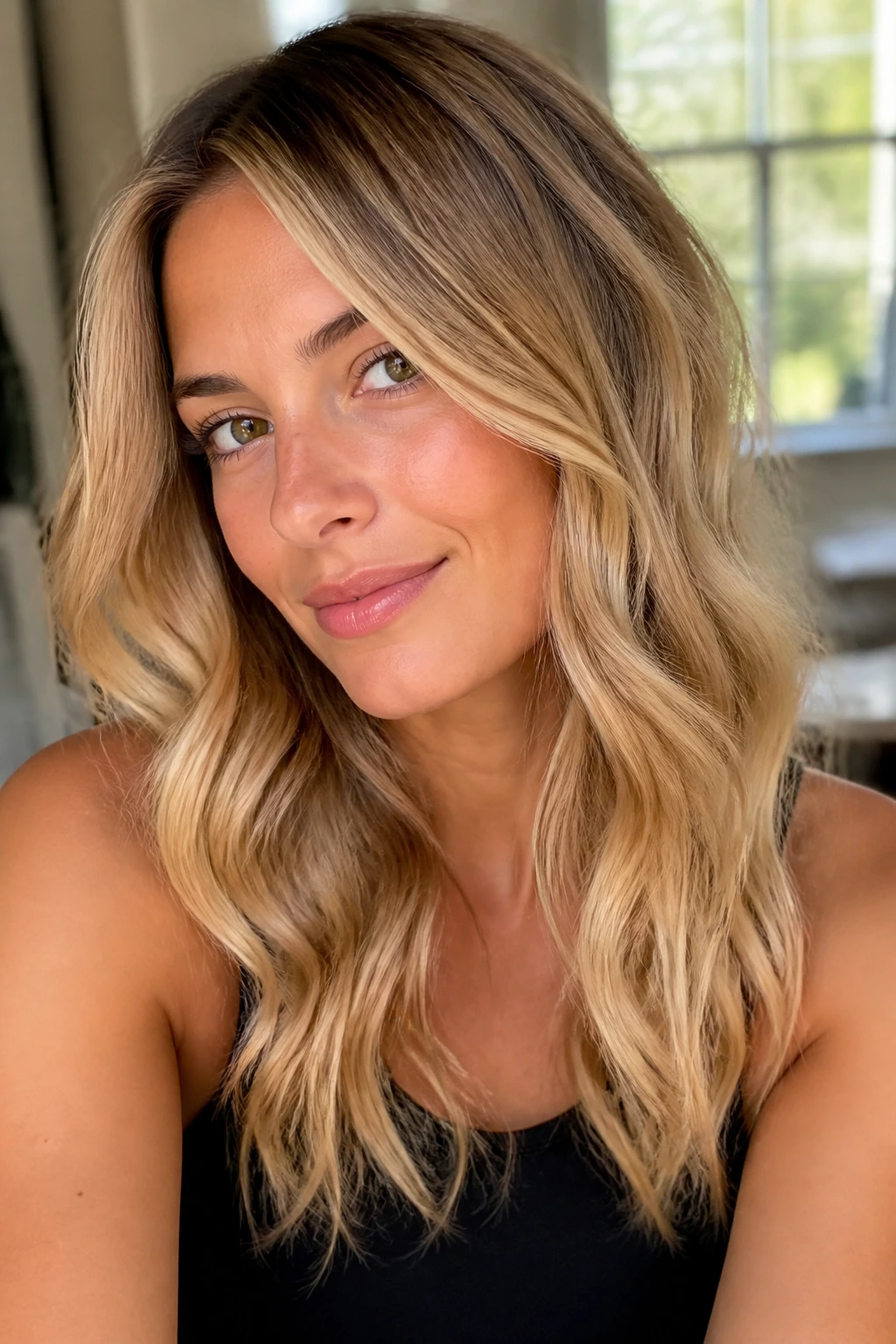 Close-up portrait of a real woman with warm blonde hair in sunlit window light