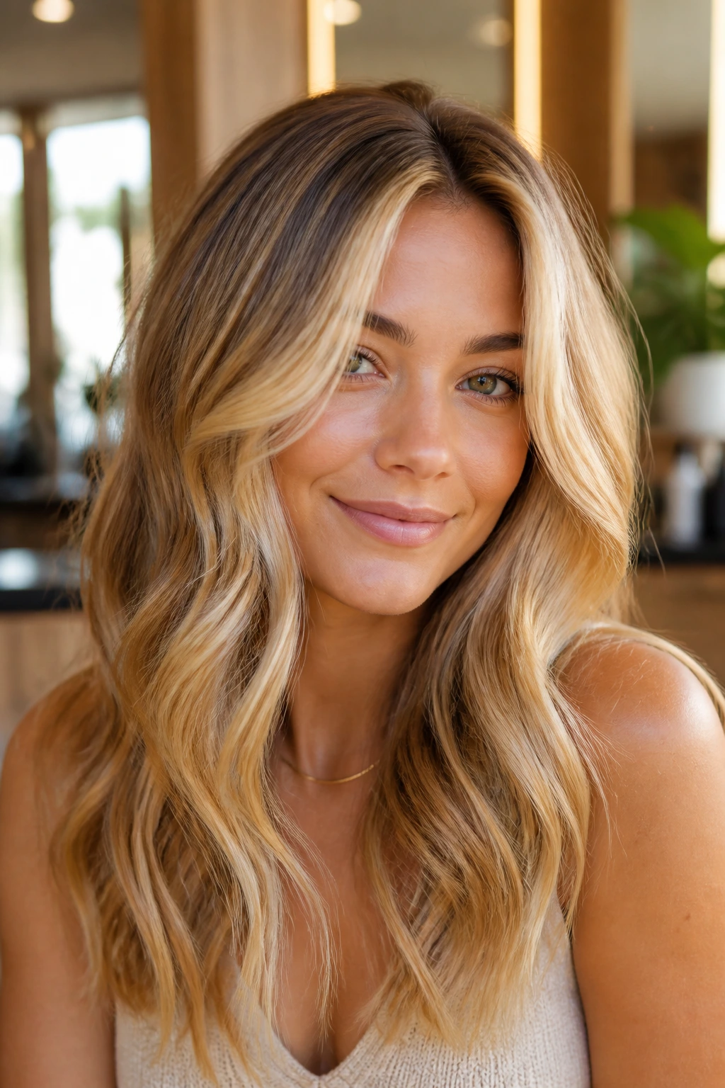 Close-up of a real model with warm blonde highlights in a sunlit salon
