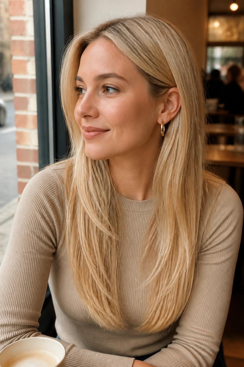 Close-up portrait of a person with sleek warm blonde hair in cafe lighting.
