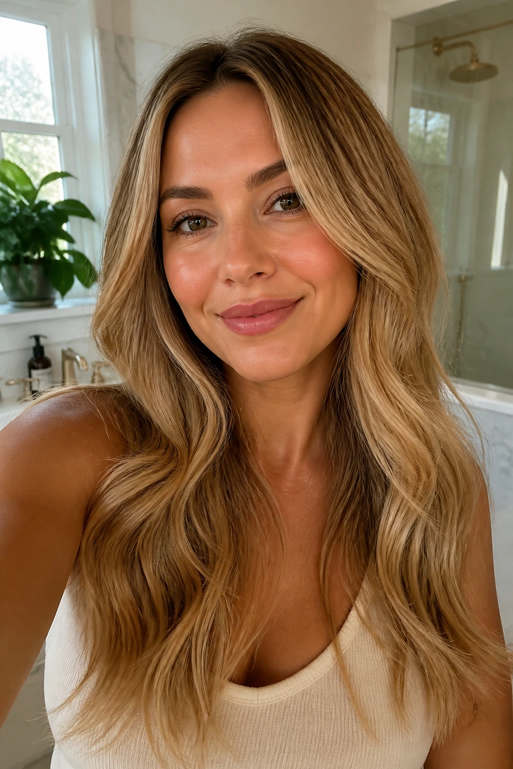 Portrait of a real woman with warm blonde hair looking relaxed in a bathroom