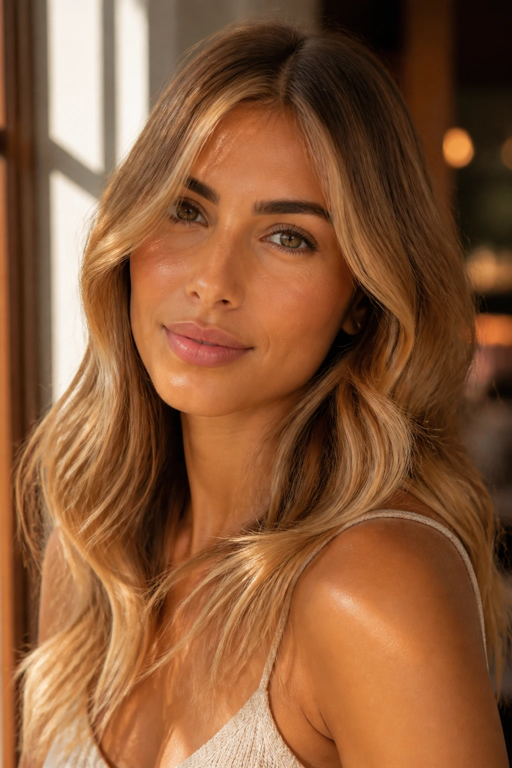 Close-up of a woman with warm honey-blonde hair on olive skin