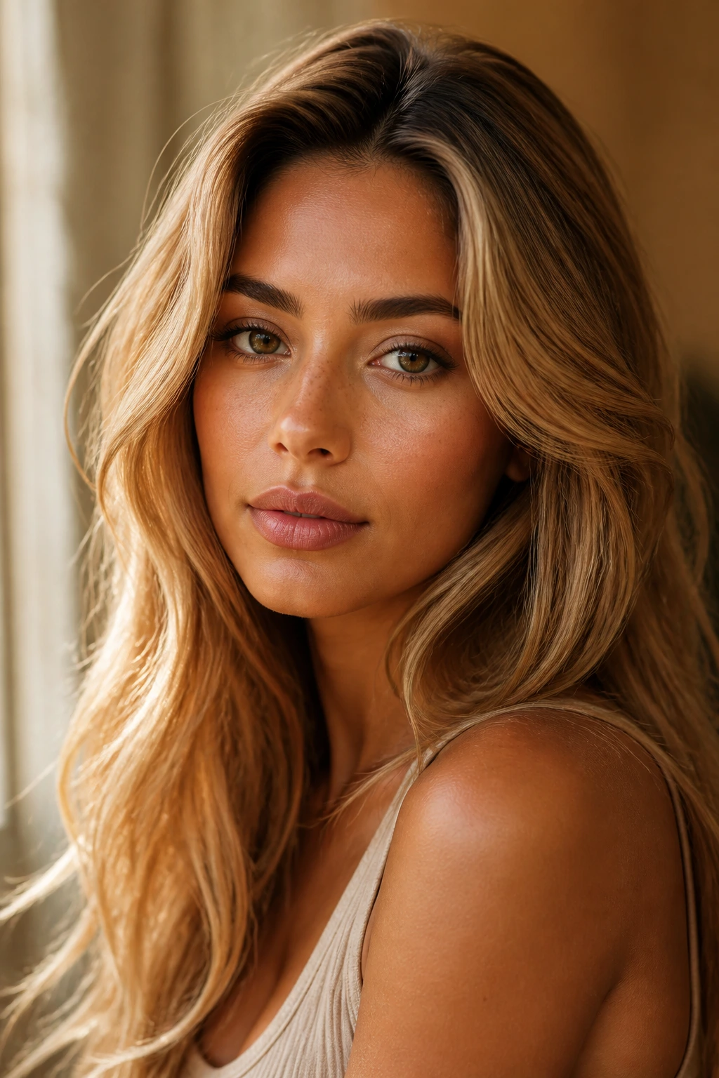 Close-up portrait of a real woman with warm honey-blonde hair on olive skin