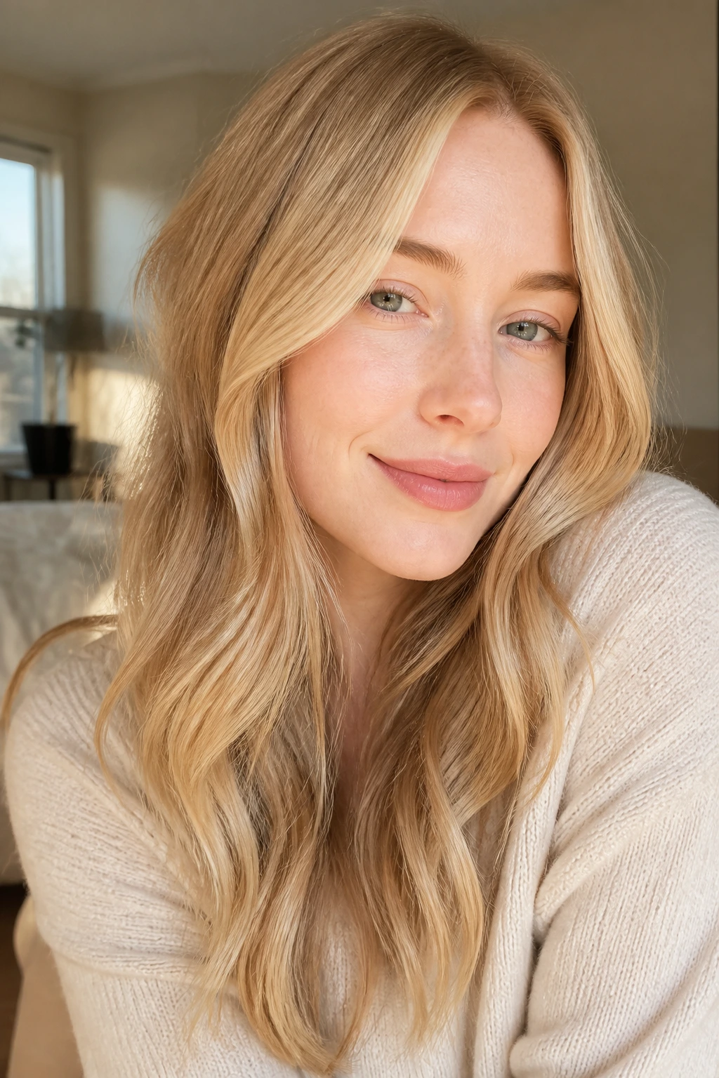 Close-up portrait of warm blonde hair with pale skin in natural light