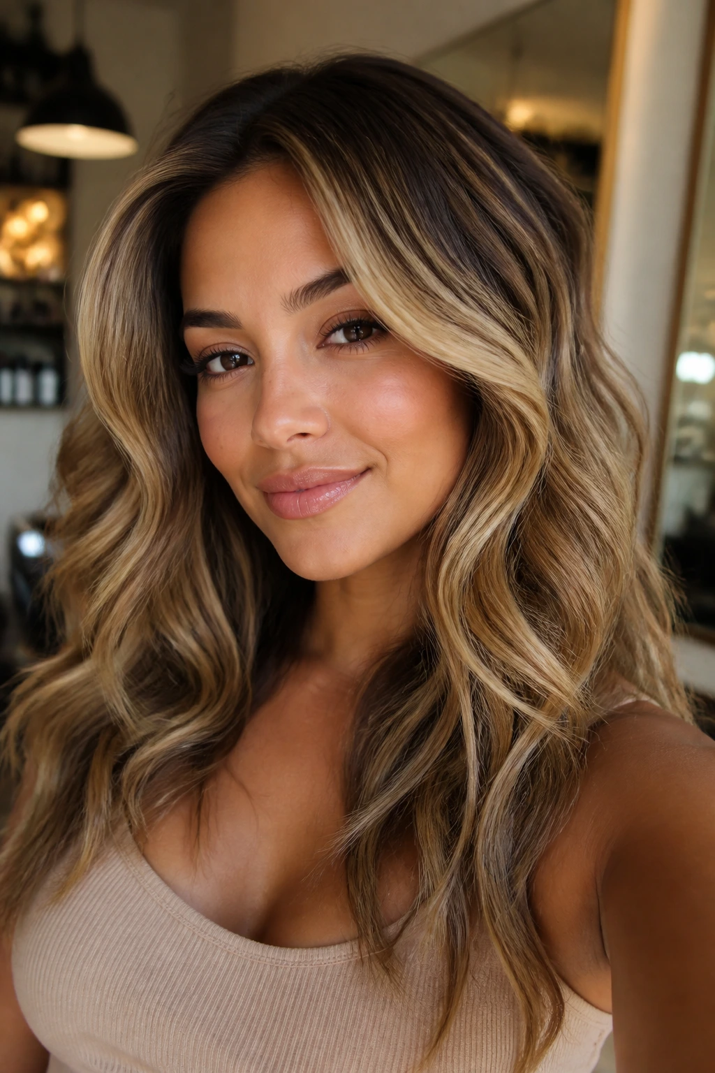 Warm blonde placement showing depth through face-framing ribbons and rooted shadows