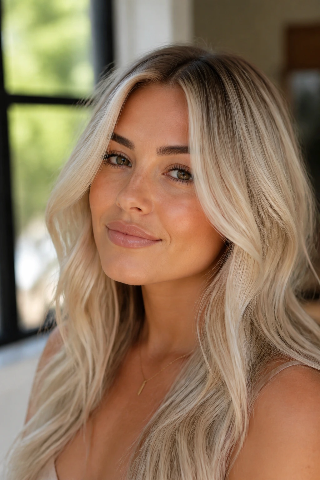 Close-up of a real person with warm platinum hair and a soft root shadow in natural light
