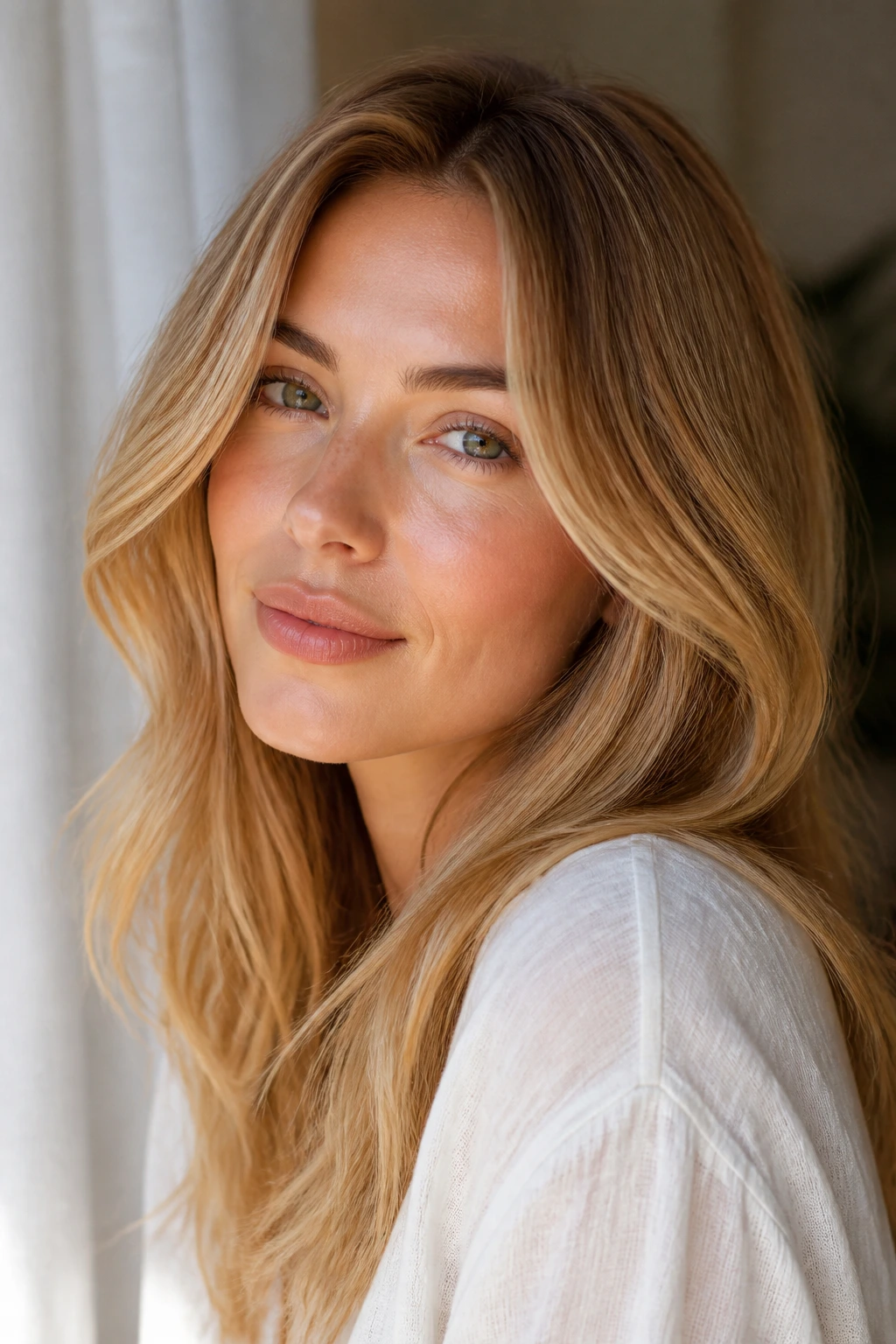 Portrait of a warm-skinned person with honey-blonde hair showing depth and base color choices