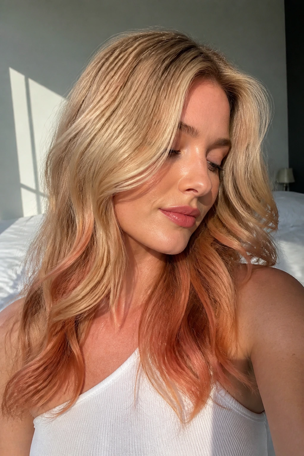 Close-up of a real woman with warm wheat blonde hair and strawberry ends in soft sunlight