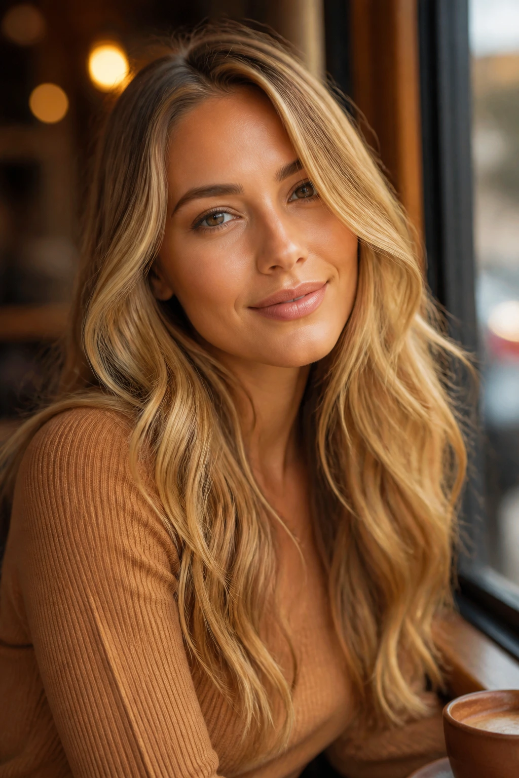 Portrait of a person with warm blonde hair and warm-toned outfit in a cozy setting