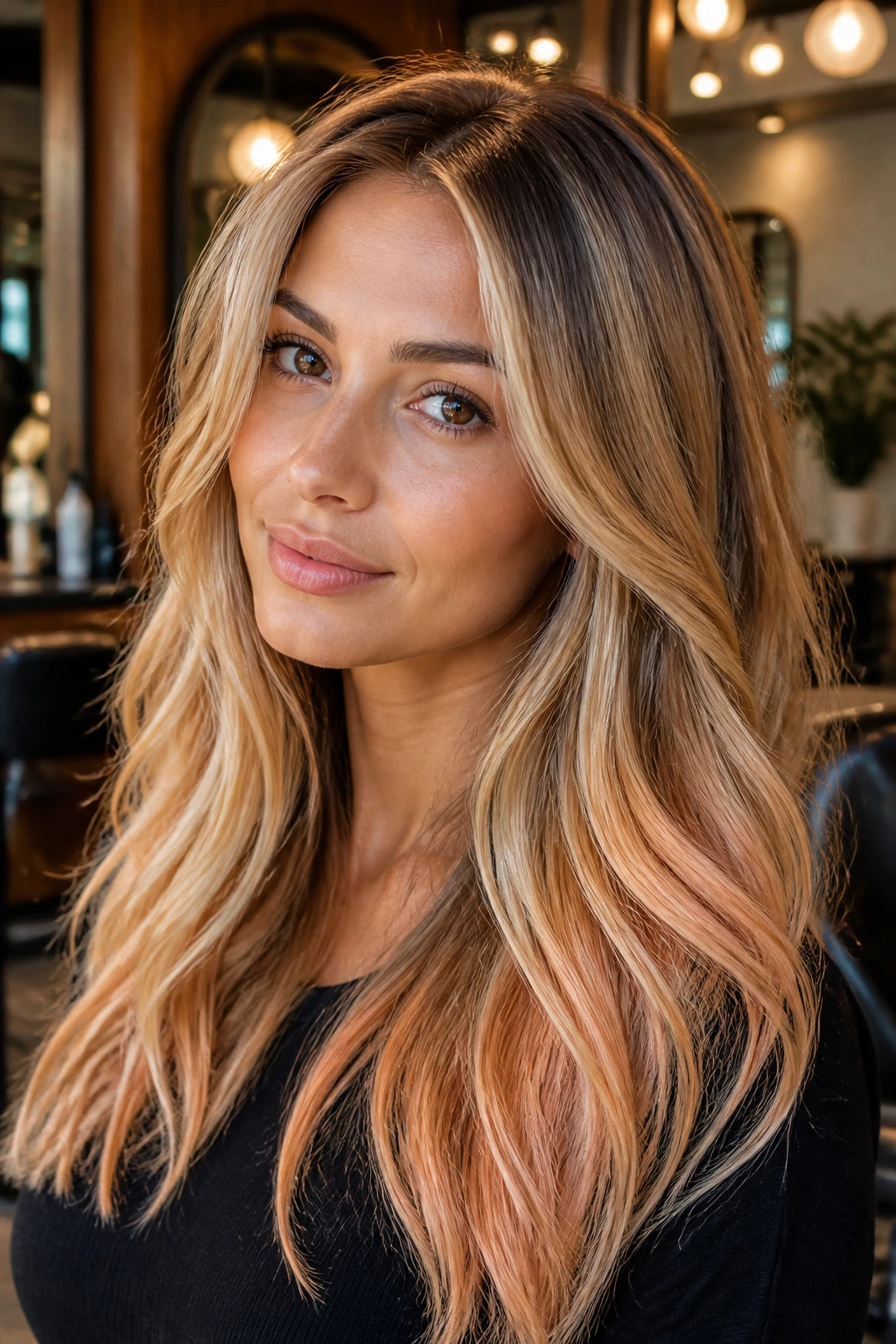Portrait of a real person with honey gloss, beige root shadow, and peach glaze in warm blonde tones