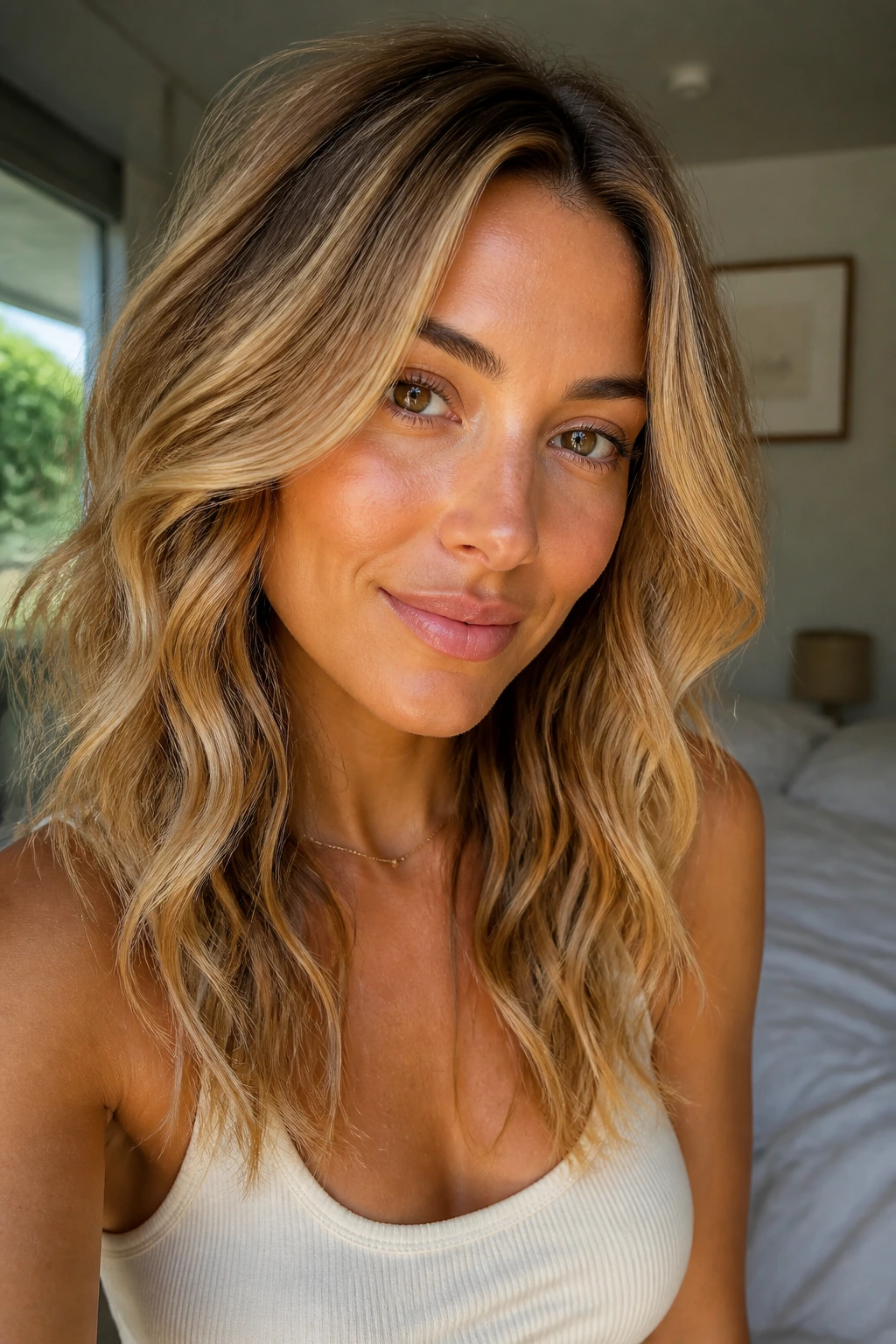 Close-up of a woman with warm blonde wavy hair and honey highlights in natural light.