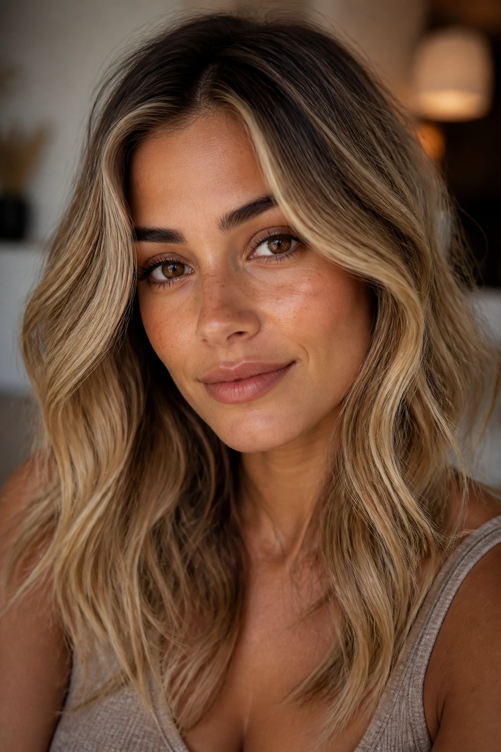Close-up of a person with olive skin and brown eyes, showcasing warm blonde shades and soft waves