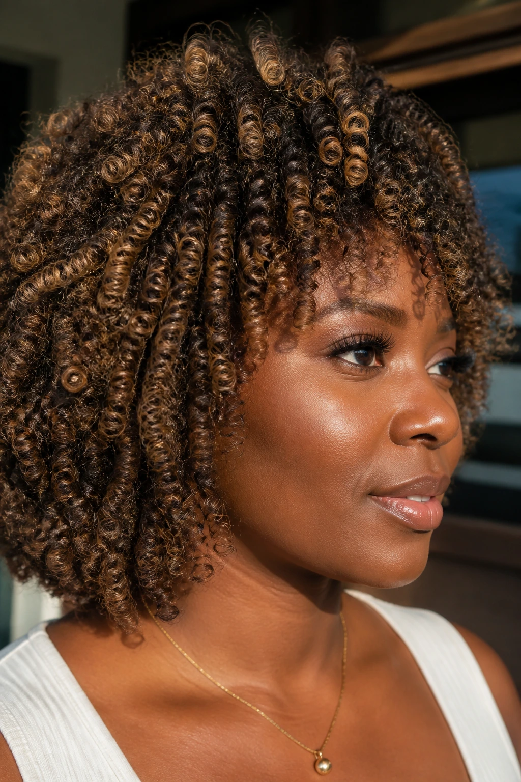 Close-up of a real woman with deep skin tone featuring warm bronde on curly coils.