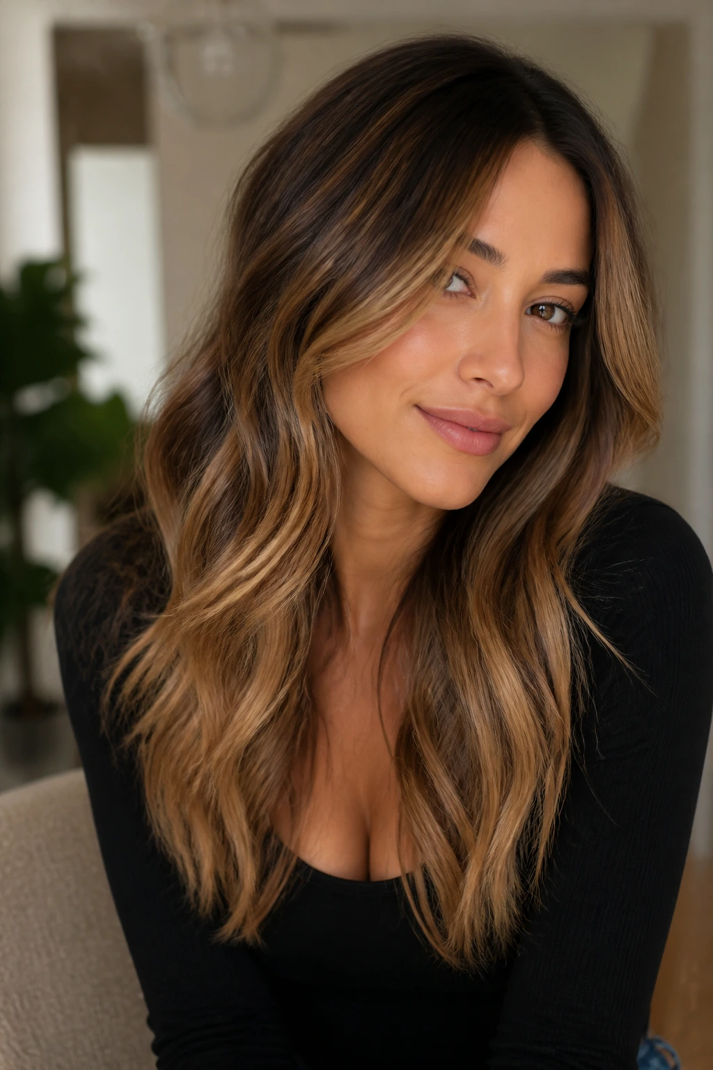 Close-up portrait of a woman with warm bronde melt from roots to ends