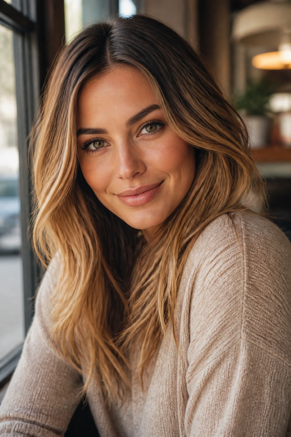 Portrait of a woman with warm bronde and a gentle root shadow.