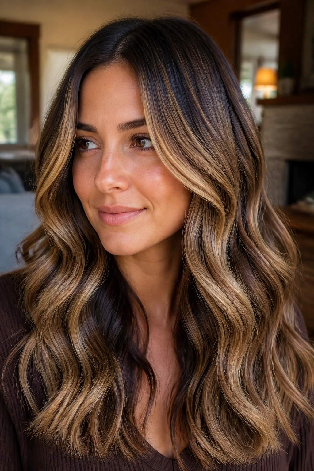 Brunette waves with warm bronde slices creating dimensional color