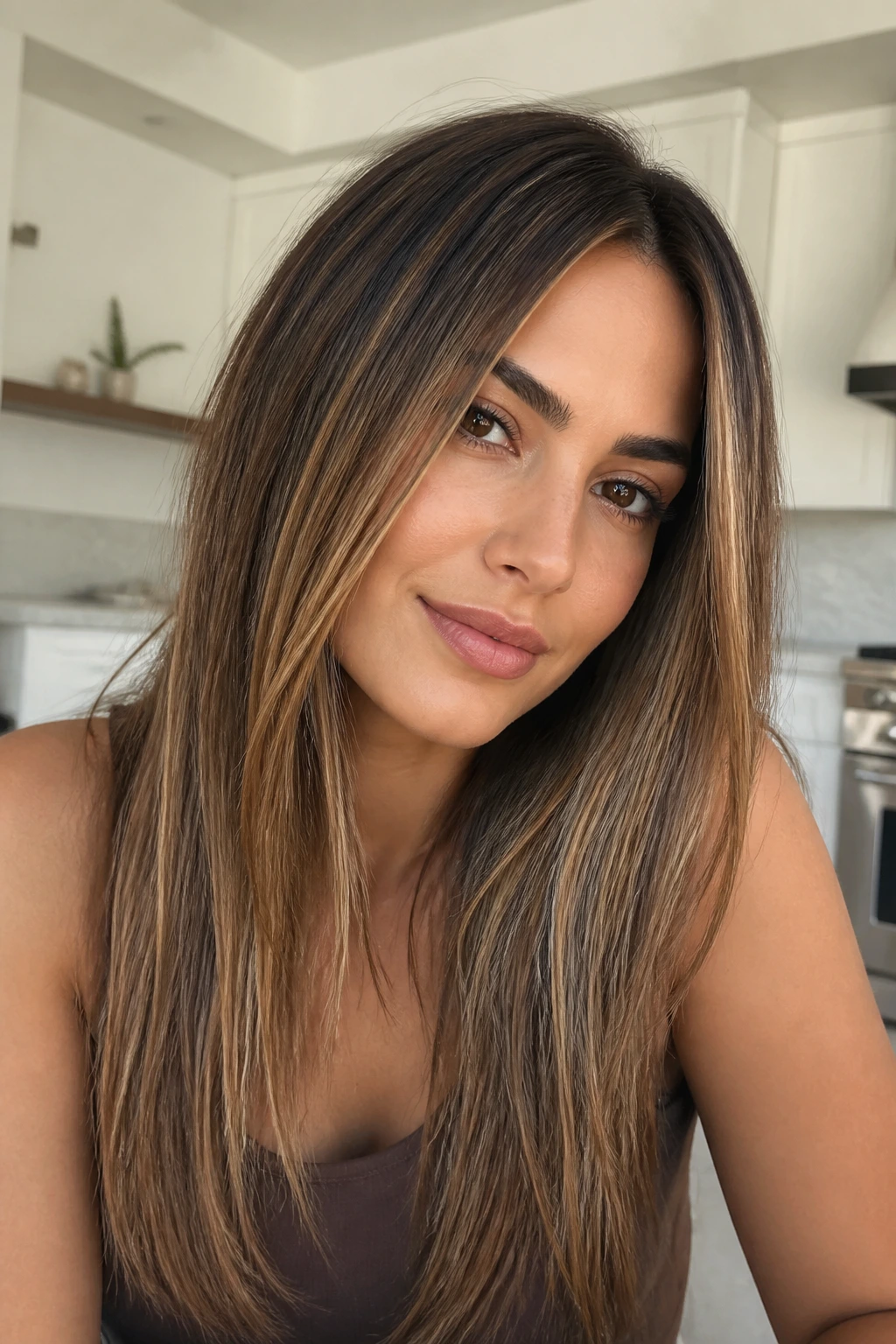 Close-up of warm bronde strands framing the face on straight hair