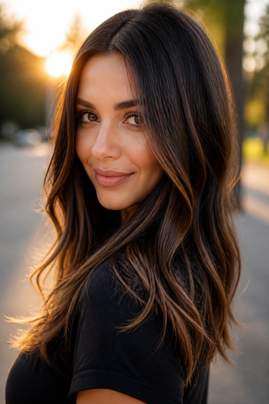 Brunette with warm brown base and caramel end flicks