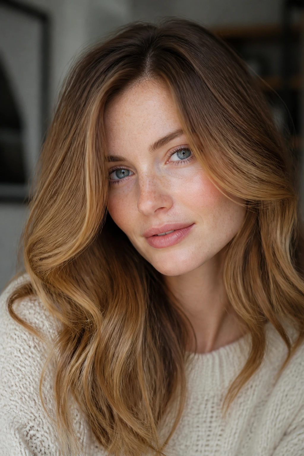 Close-up portrait of a person with warm golden-brown hair and soft skin glow