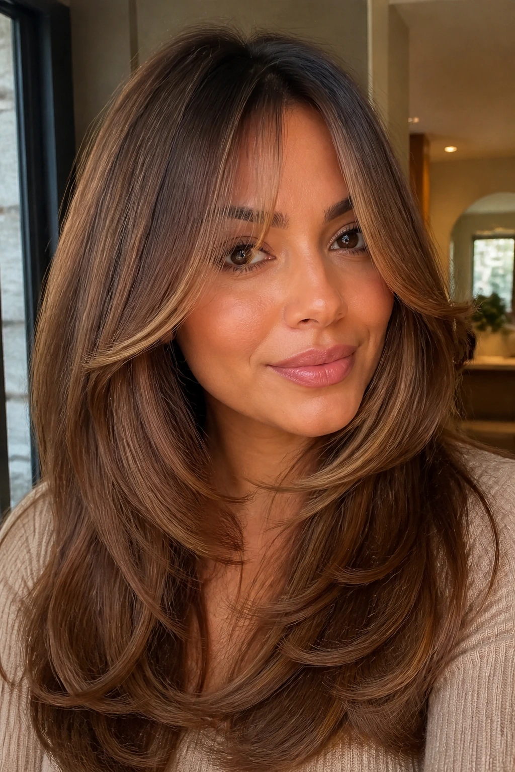 Close-up portrait of real person with warm brown layered blowout and curtain bangs