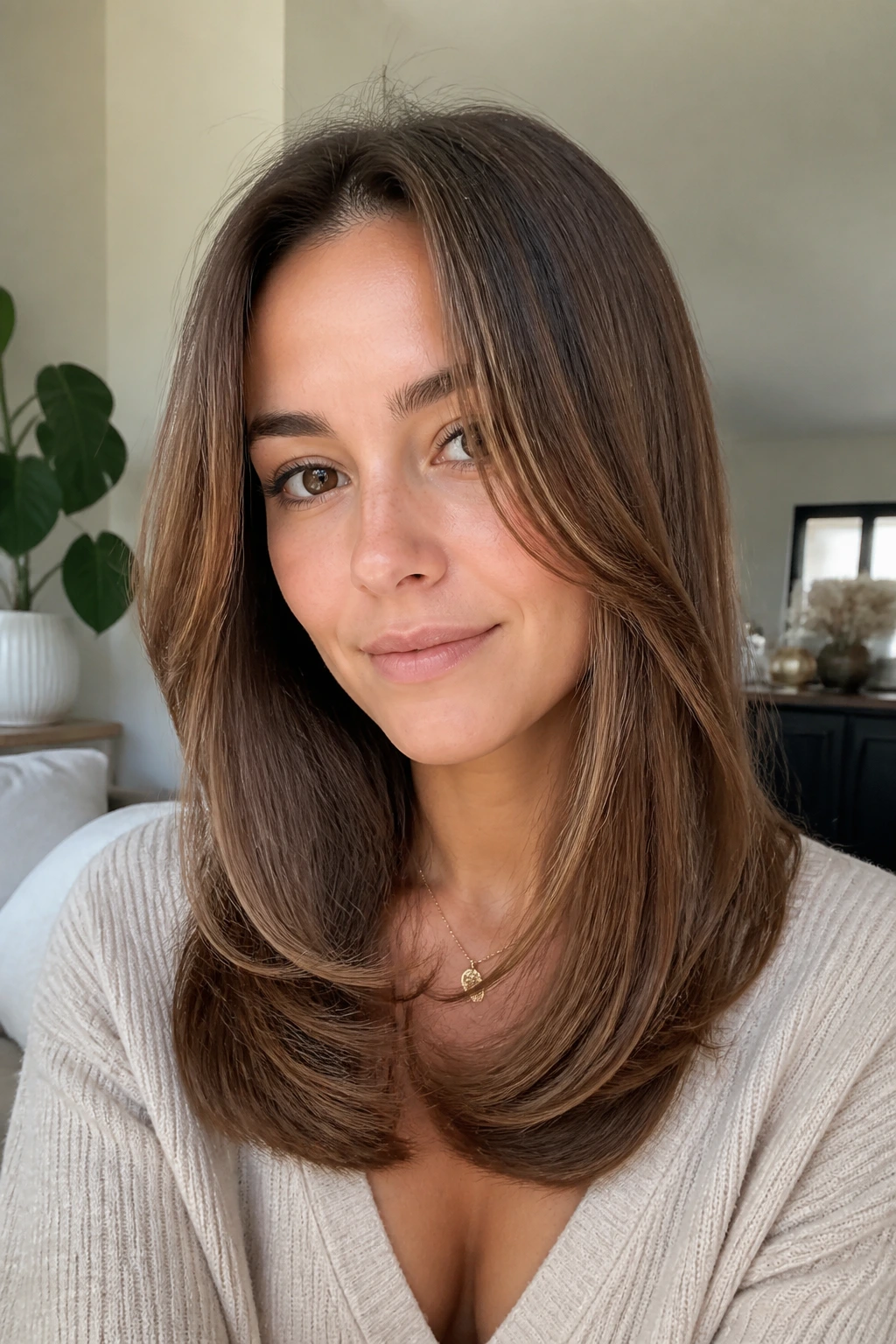 Close-up portrait of a woman with warm brown U-shape and face framing.