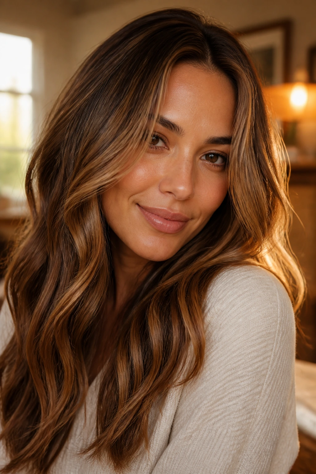 Close-up portrait showing warm brown hair tones blending with warm skin