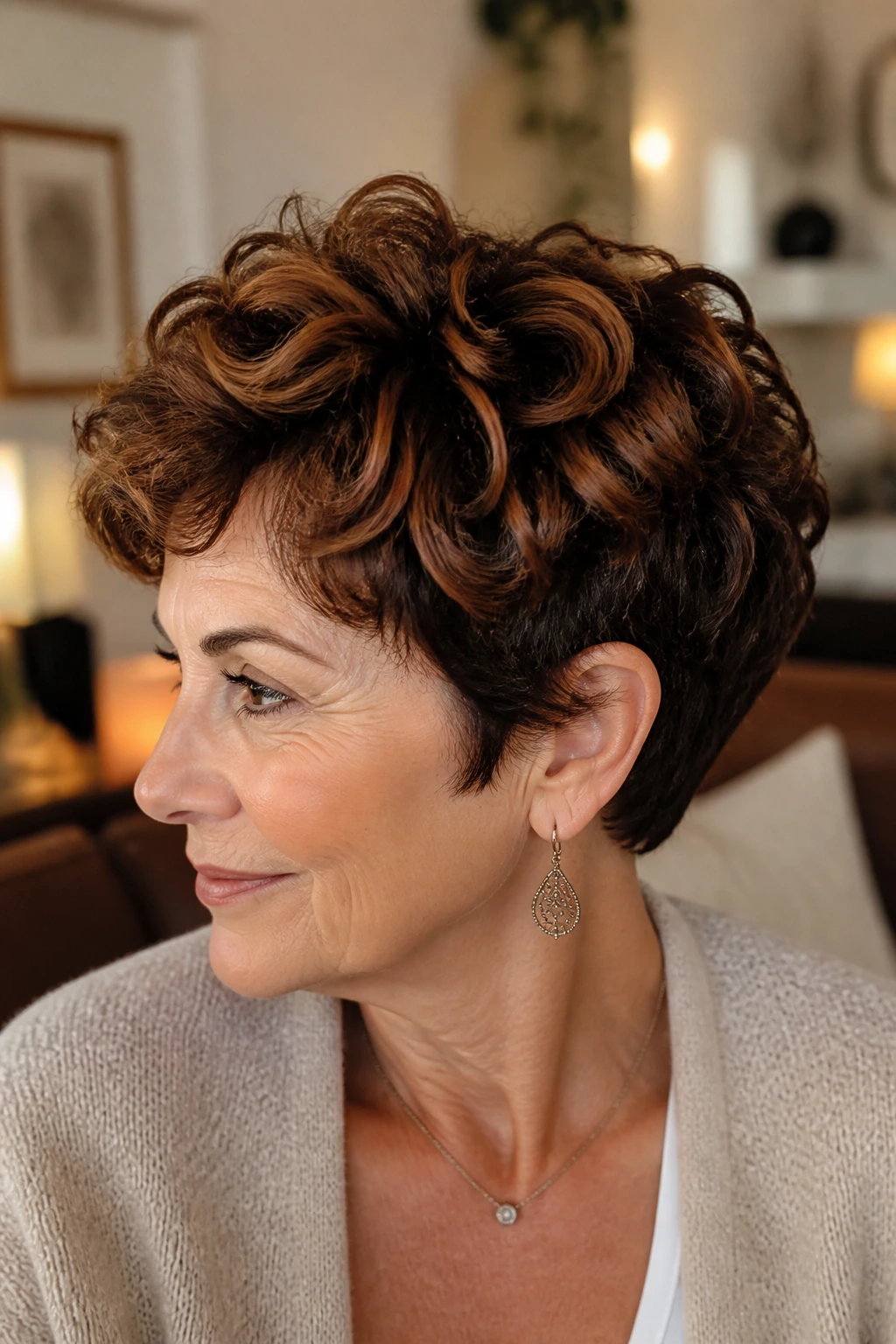 Close-up of a real woman with warm brunette curly pixie showing chunky texture.