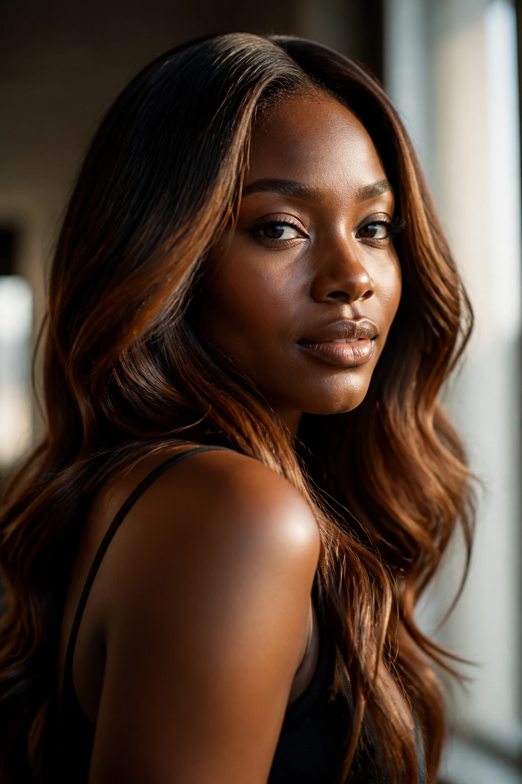 Close-up of a real person with deep skin showing caramel and copper brunette highlights