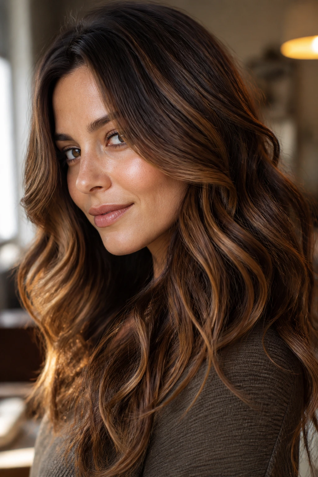 Close-up of a warm brunette with caramel highlights in natural light