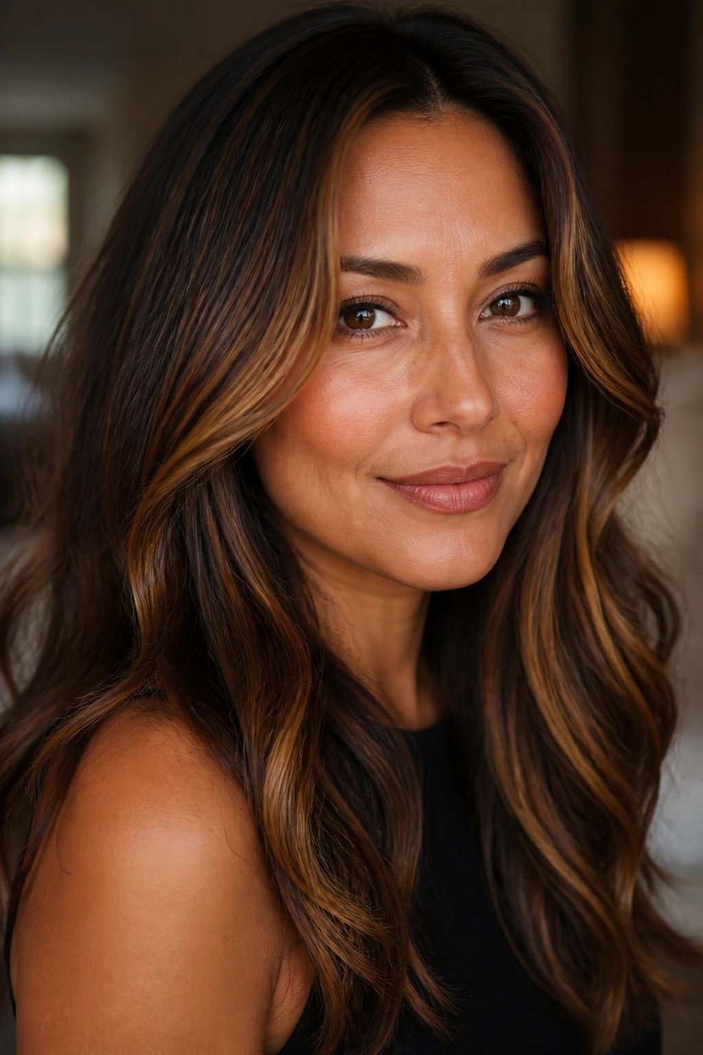 Close-up of a real woman with warm brunette highlights in caramel and chestnut