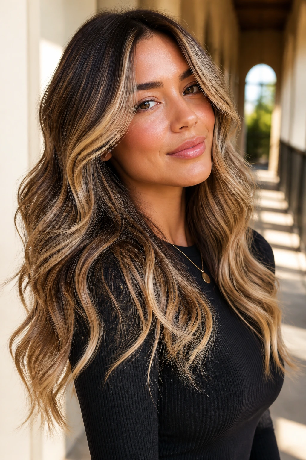 Close-up portrait of a real woman with warm butter blonde cascade on thick hair
