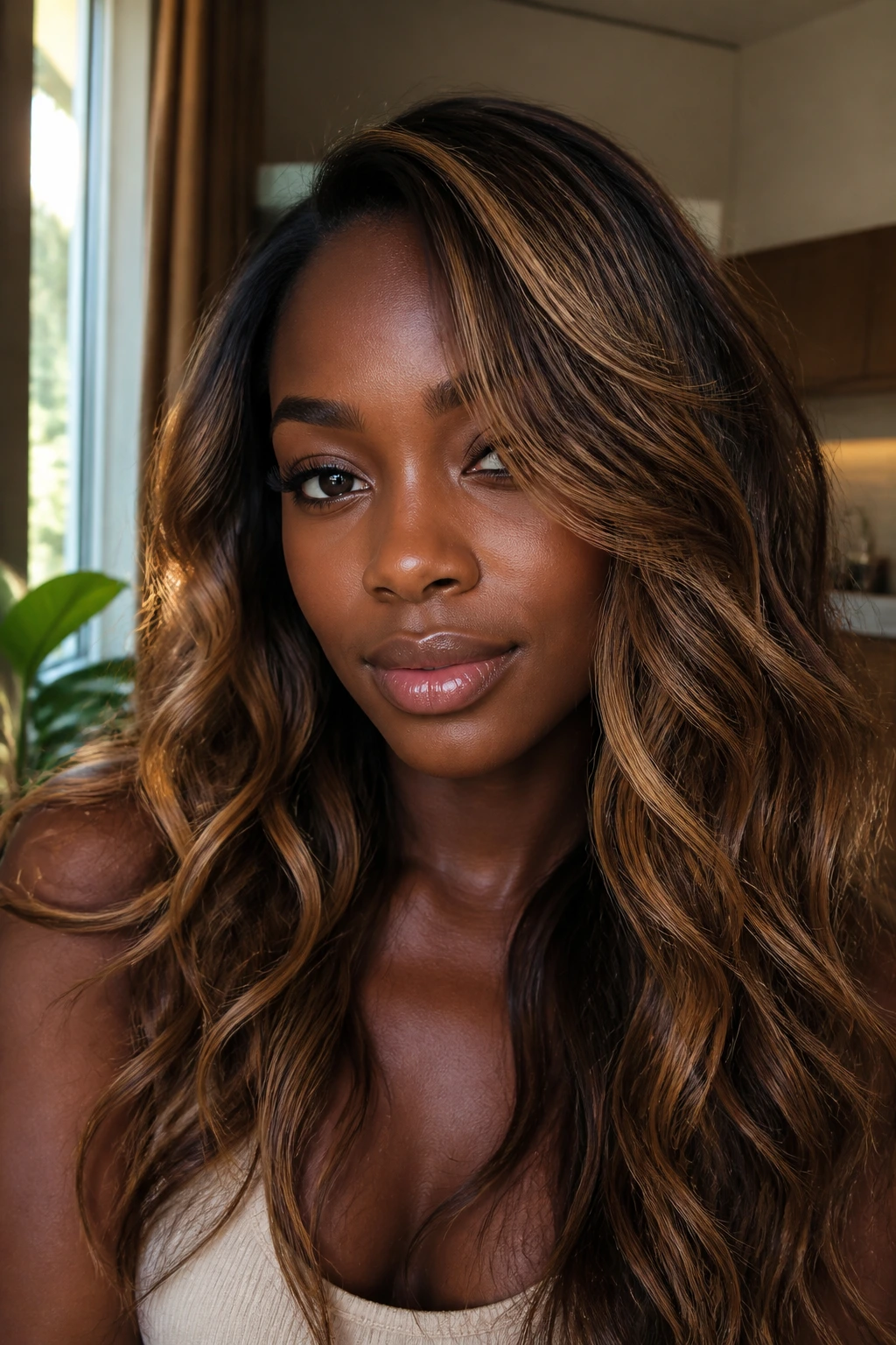 Close-up hair portrait showing warm caramel highlights on deep skin tone under natural light
