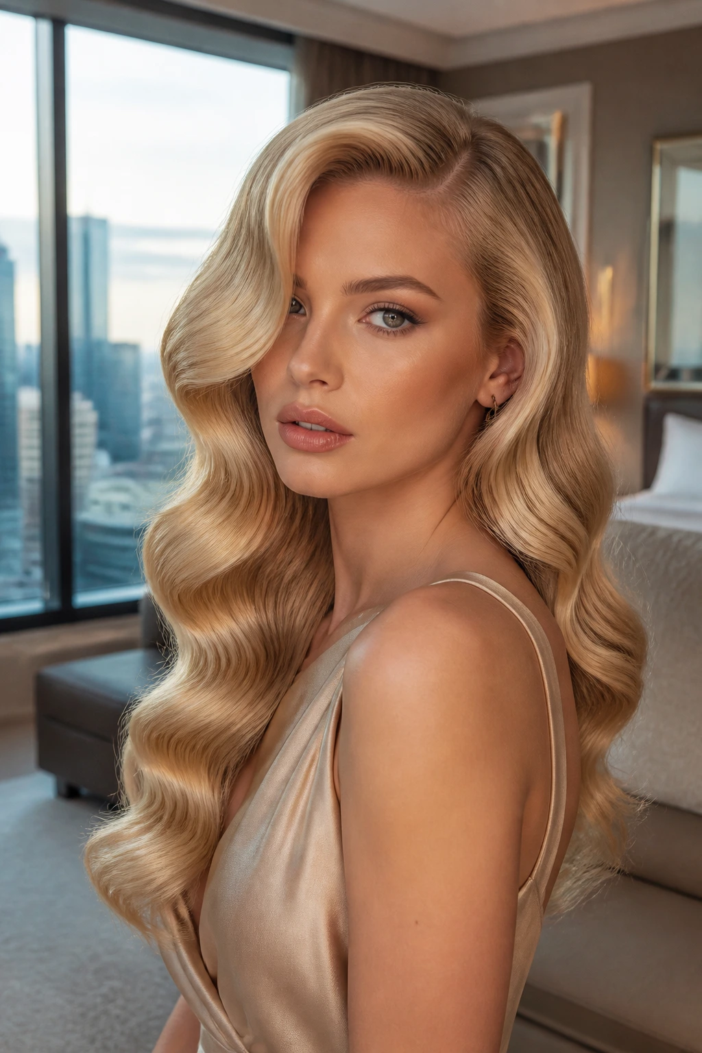 Close-up of a real woman with warm champagne Hollywood waves