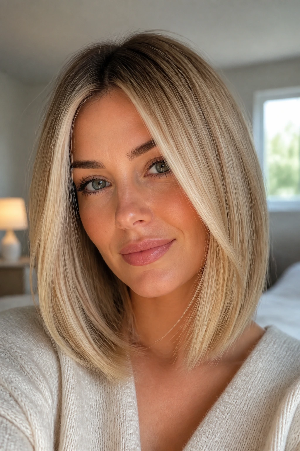 Close-up portrait of a real woman with warm champagne blonde lob in soft window light