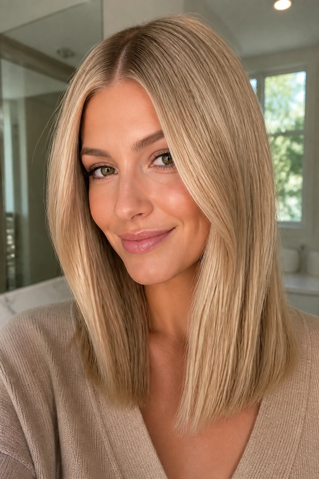 Close-up of warm champagne sleek midlength cut on a real person.