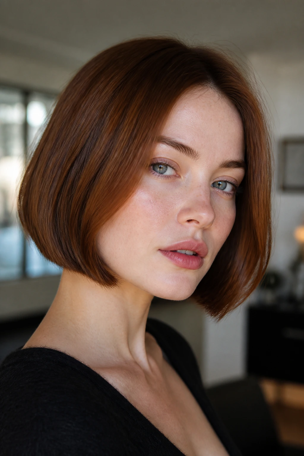 Portrait of a woman with a warm chestnut bob and clean line at jaw