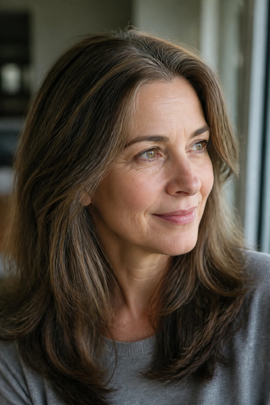 Close-up of a real woman with warm chestnut tones softening ash brown hair in daylight