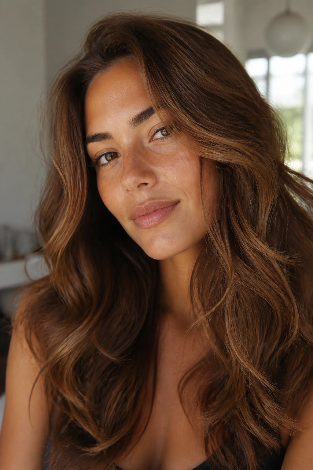 Close-up of real person with warm chestnut waves and golden cast.