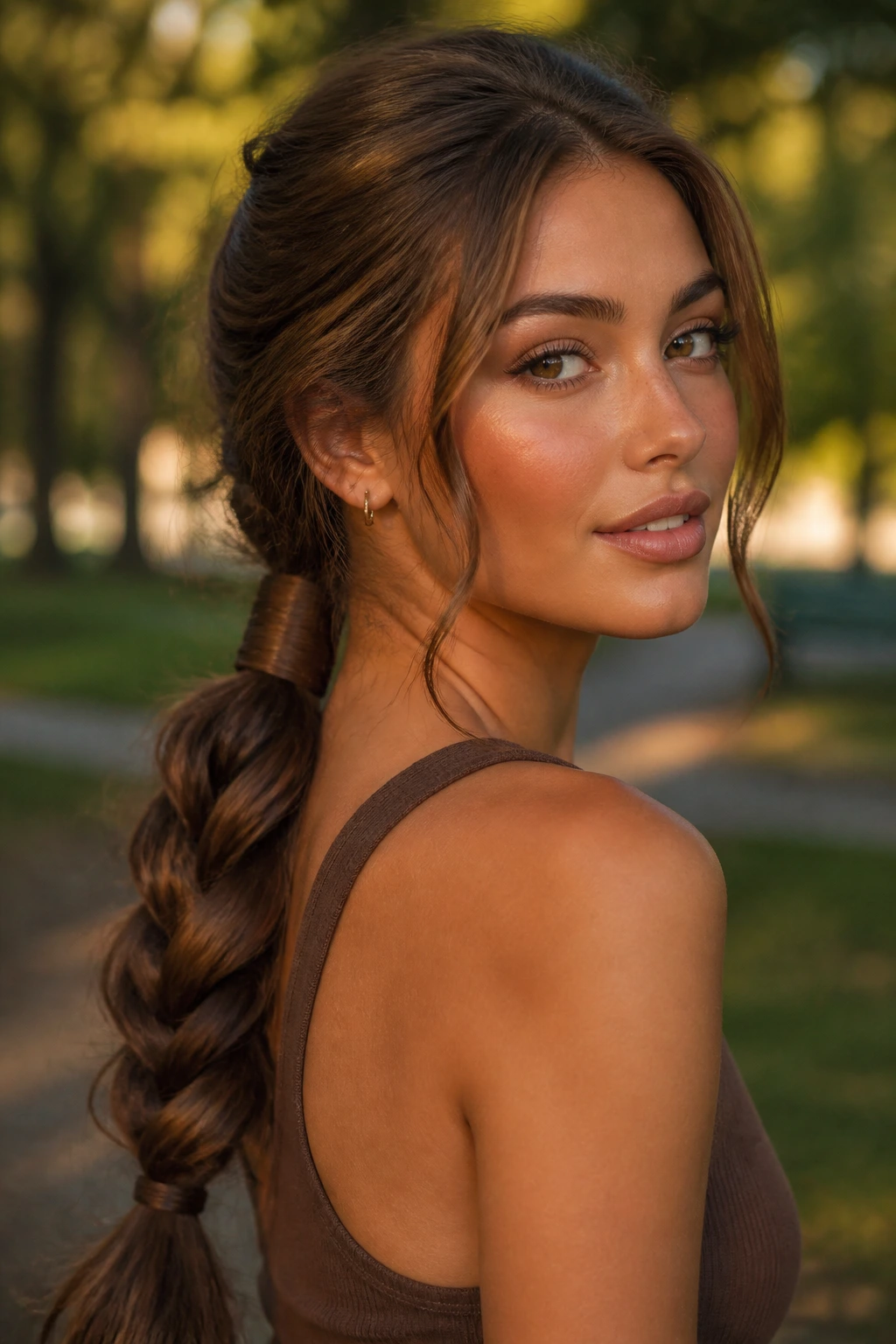 Close-up of brunette with warm cocoa braided ponytail in golden hour light