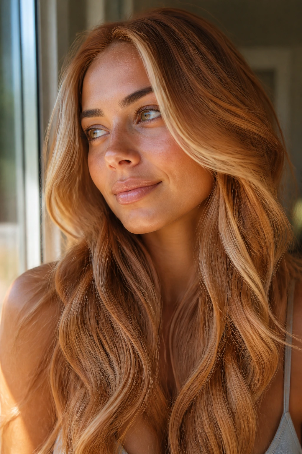Close-up portrait of woman with warm copper blonde hair in a sunlit room.
