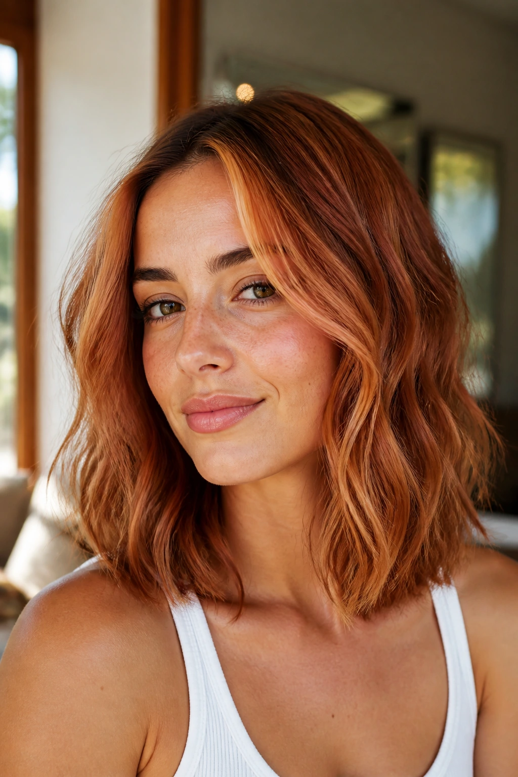 Real woman with warm copper lob and apricot face frame in sunlit setting