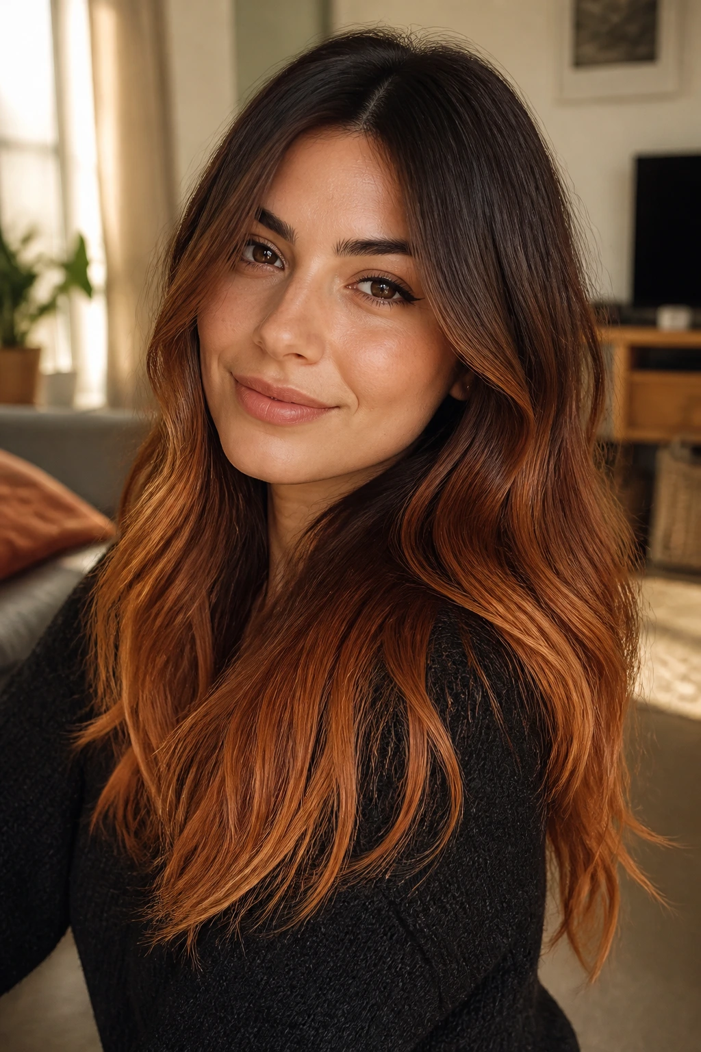 Close-up portrait of a real woman with warm copper ombré hair