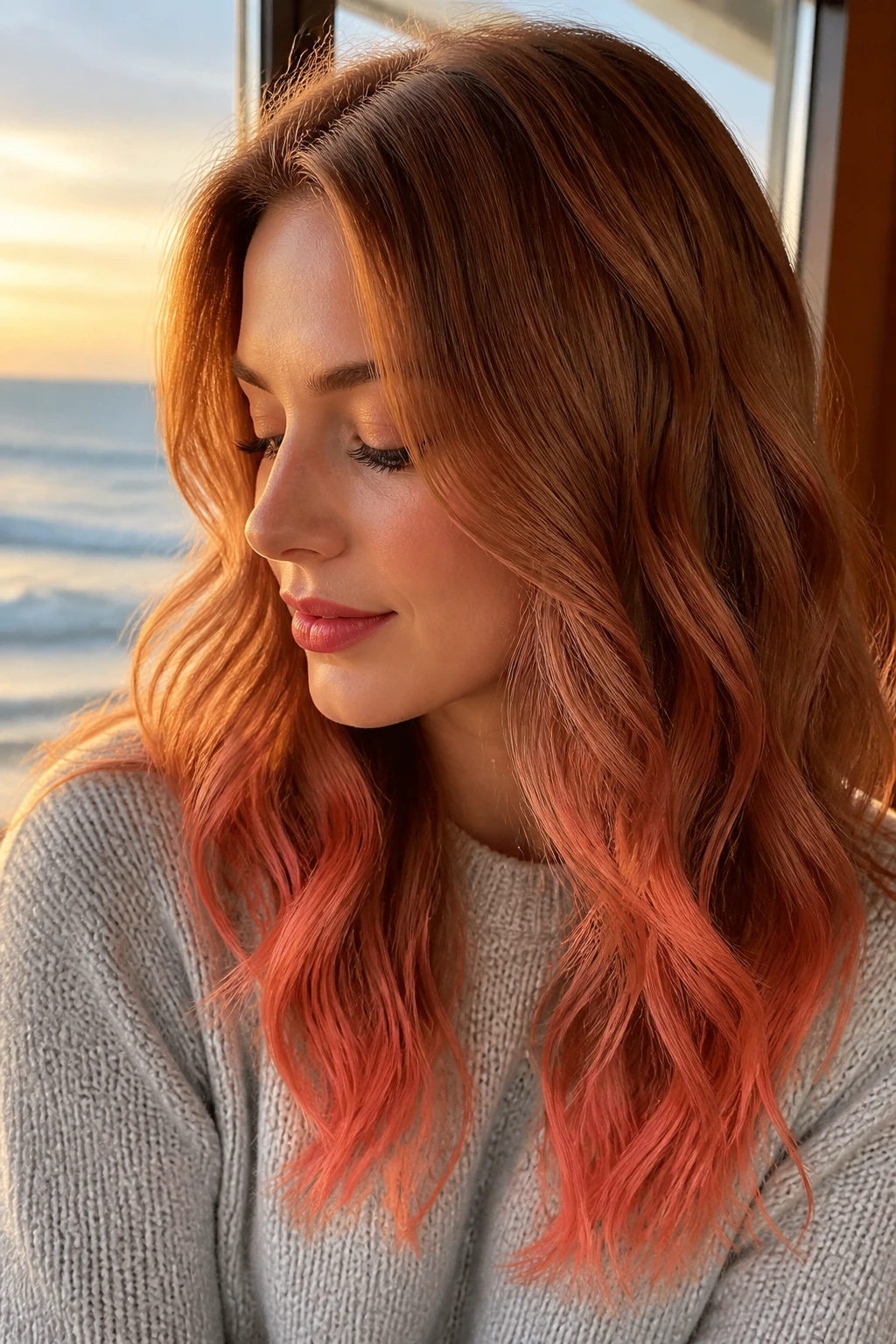 Real person with warm coral ends on dark strawberry blonde hair