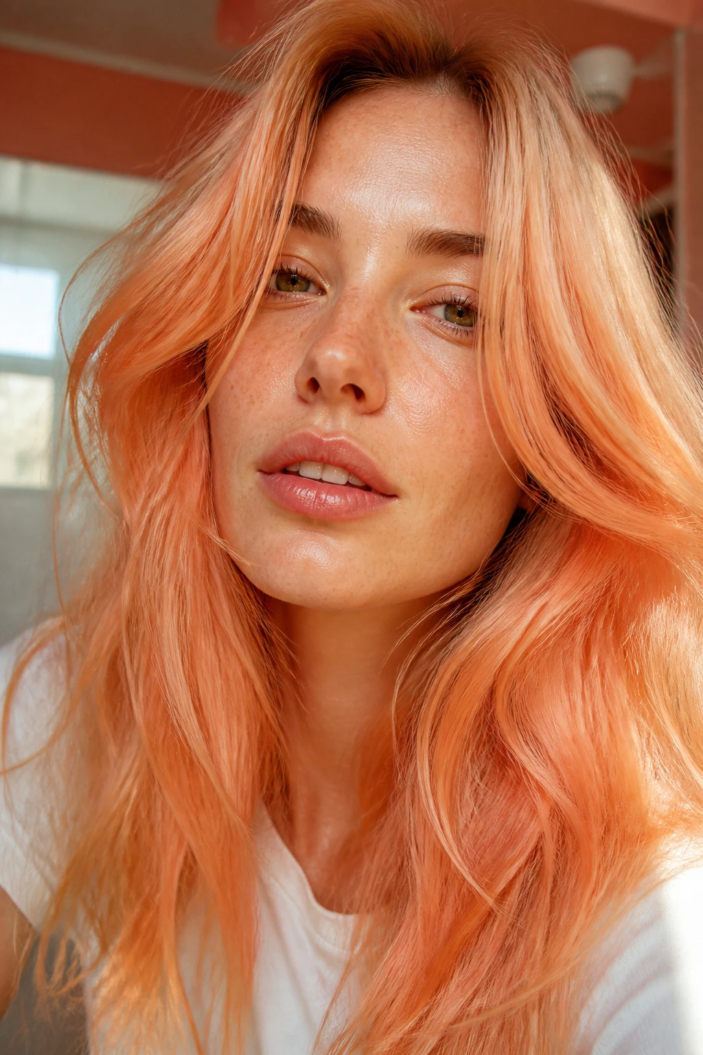 Close-up of a real woman with warm coral tinted hair in sunlit room