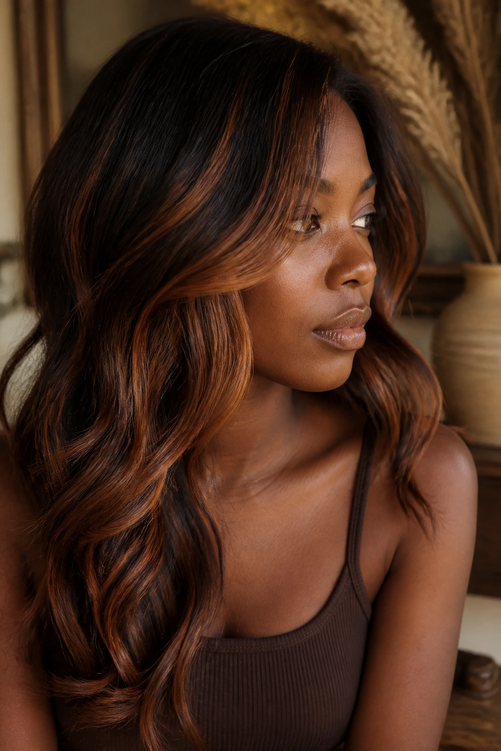 Hair with warm dimension highlights under natural warm light
