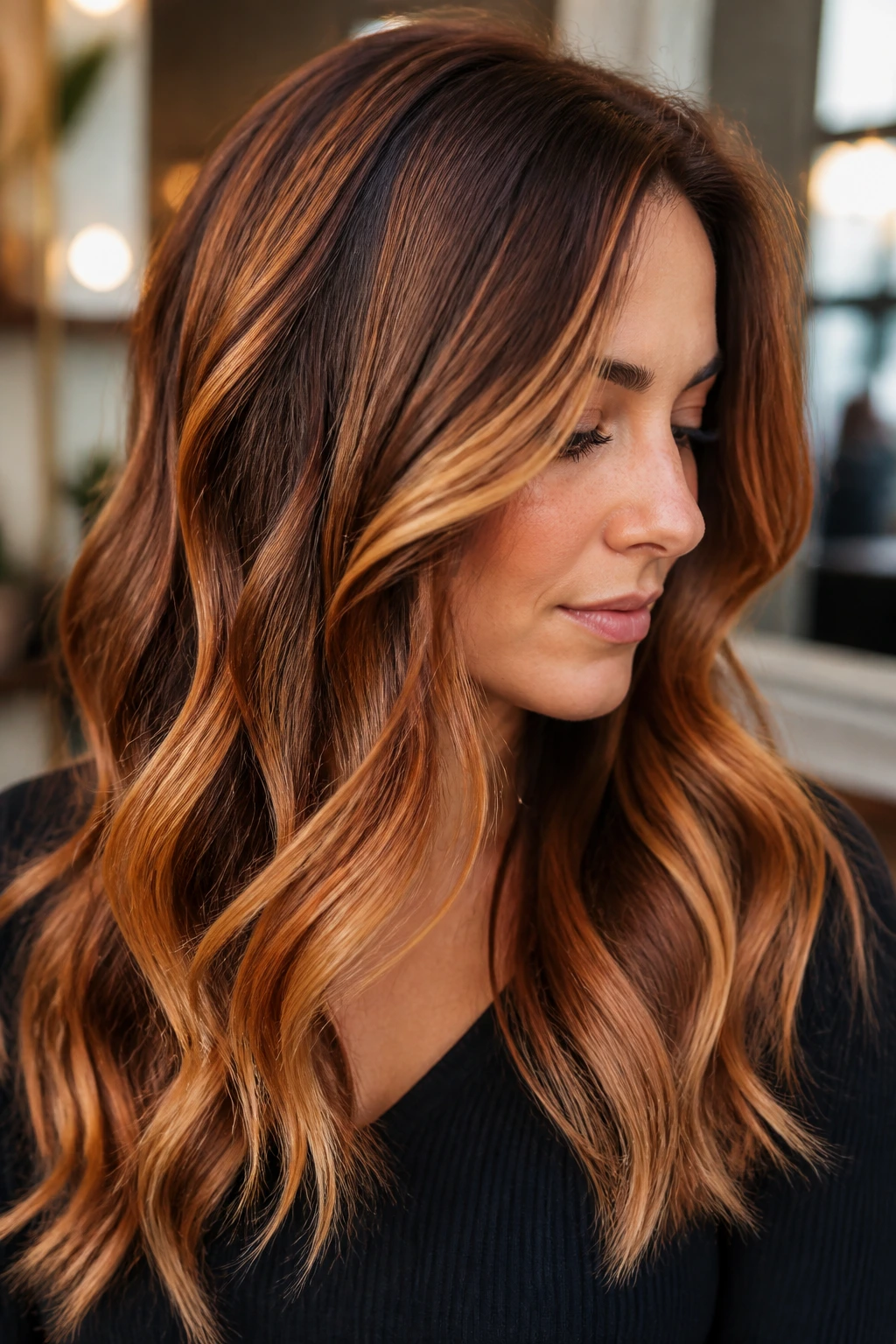 Portrait showing warm dimensional hair color with gold copper caramel tones