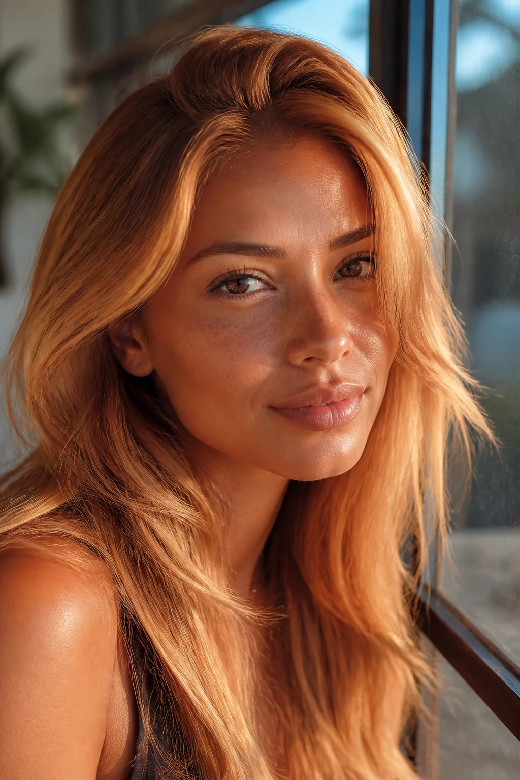 Close-up of a real woman with luminous warm strawberry blonde under golden hour light