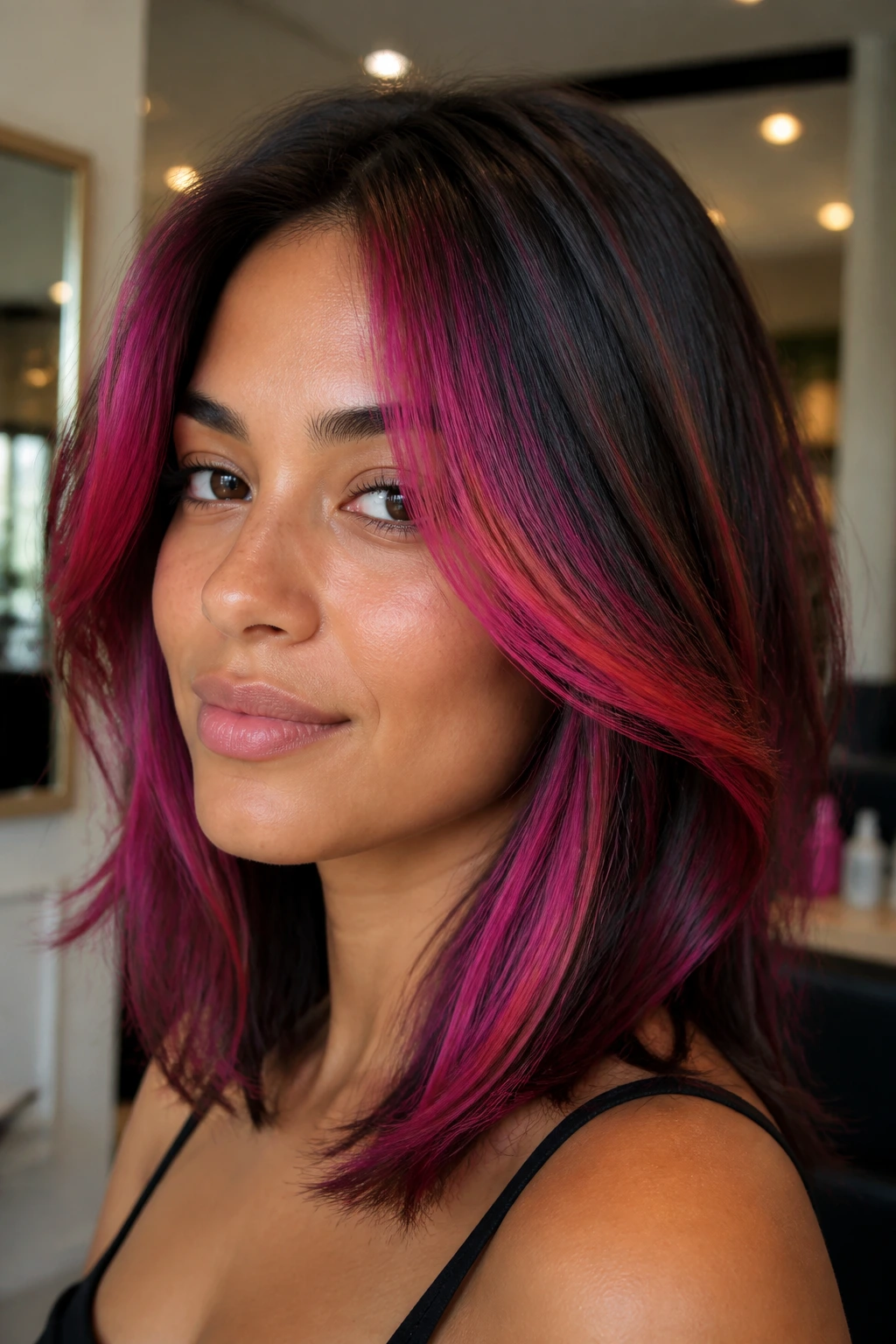 Close-up of a real woman with warm fuchsia streaks near the face on medium skin tone