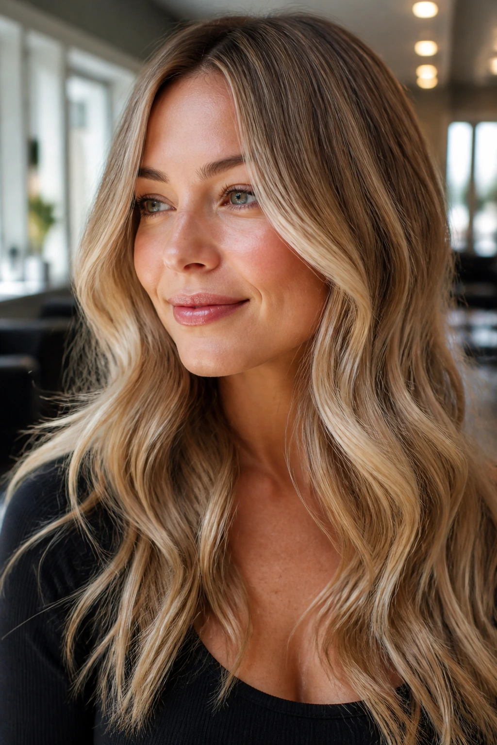Close-up portrait of a woman with balanced warm beige-gold balayage on cool skin