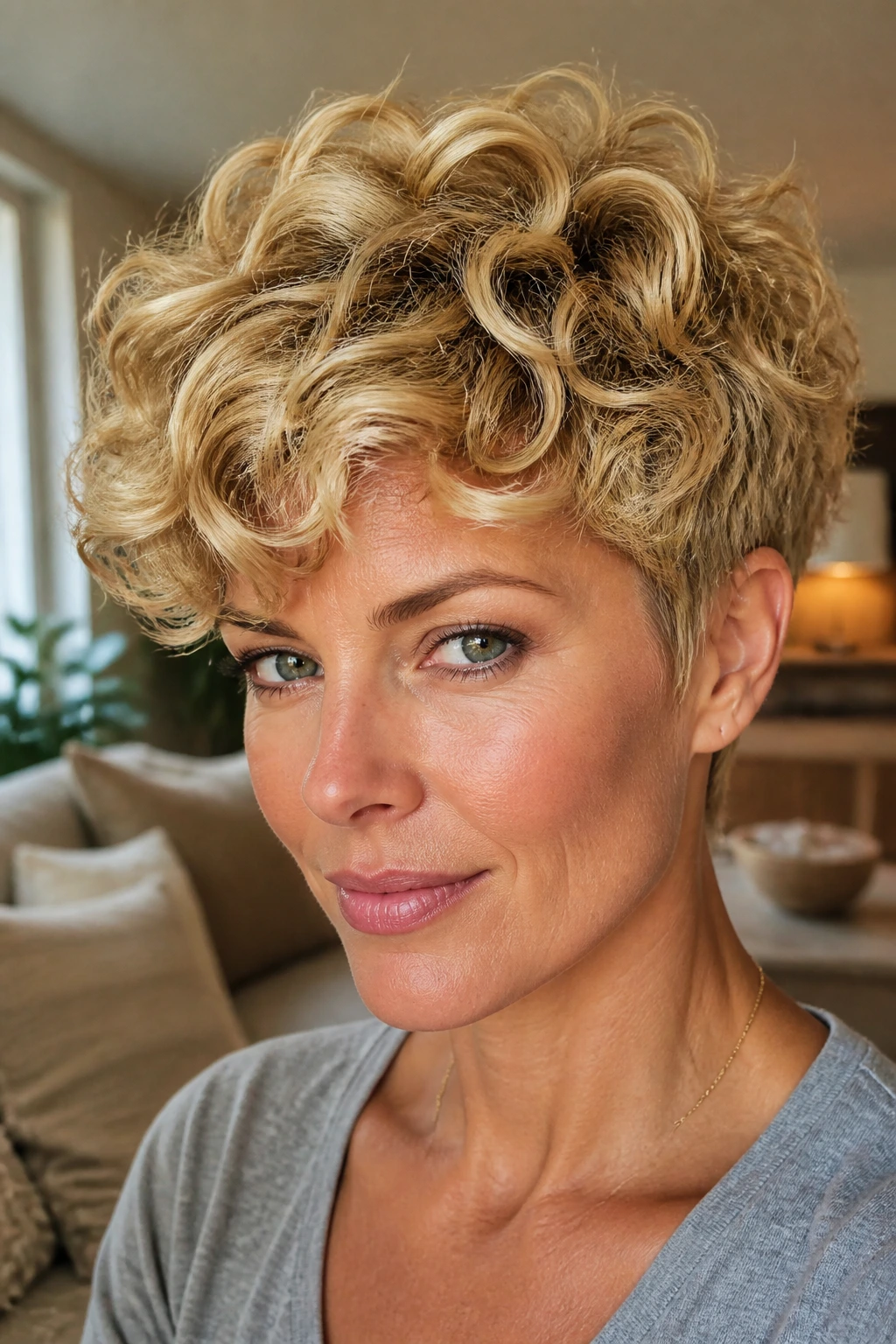 Real woman with warm gold blonde curly-top pixie and curls on top.