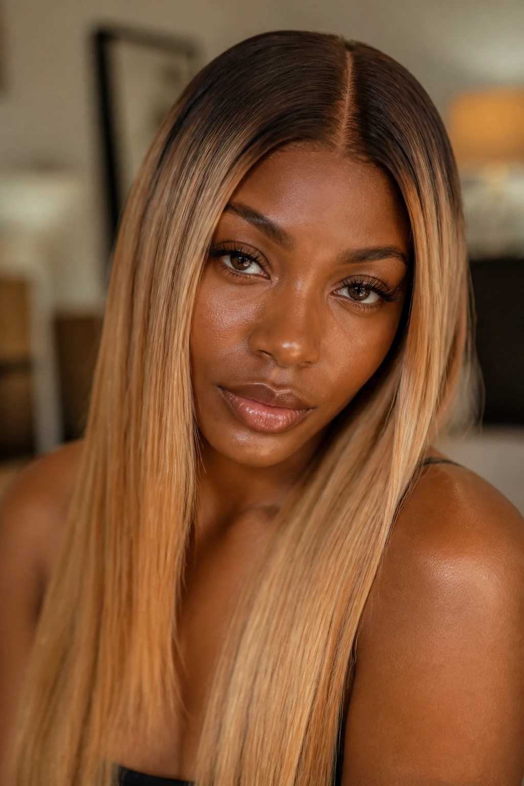 Portrait of glossy warm gold glass hair on a real person with deep skin